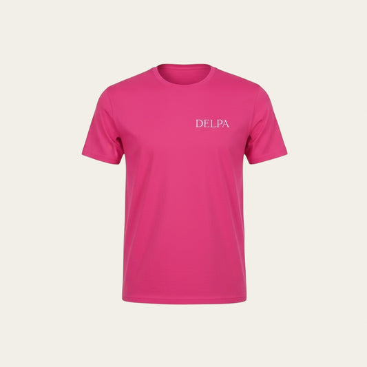 T shirt DELPA brodé blanc fond fushia